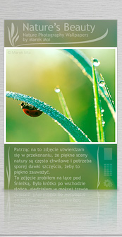 Zdj�cia przygotowane zosta�y z my�l� o wykorzystaniu ich jako tapety, mo�esz  zapisa� ka�de z nich i u�ywa� na swoim urz�dzeniu bez konieczno�ci skalowania, przesuwania, itp. Zdj�cia maj� rozdzielczo�� 320x480 pikseli (licz�c z obszarami przykrytymi g�rnym paskiem z godzin� i dolnym paskiem z �odblokuj�).